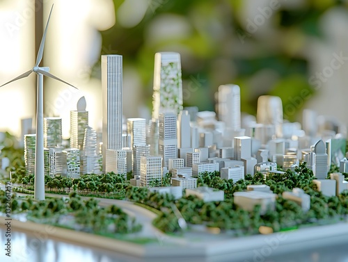 Engineers creating sustainable city models using green energy technologies like wind turbines