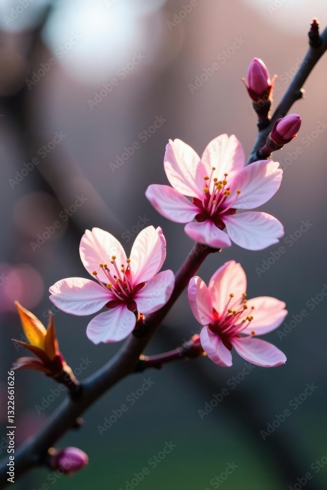 Fototapeta premium Delicate blossoms unfolding on a bare tree branch, tree, flowers