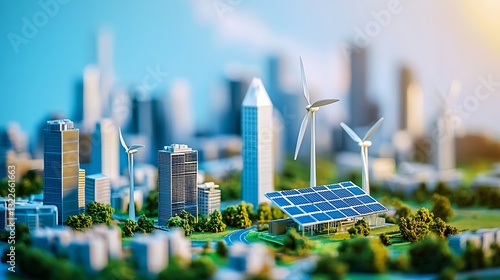 Engineers developing an energy-efficient city model using solar panels and wind turbines