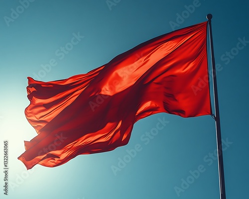 A red flag is waving on a clear day