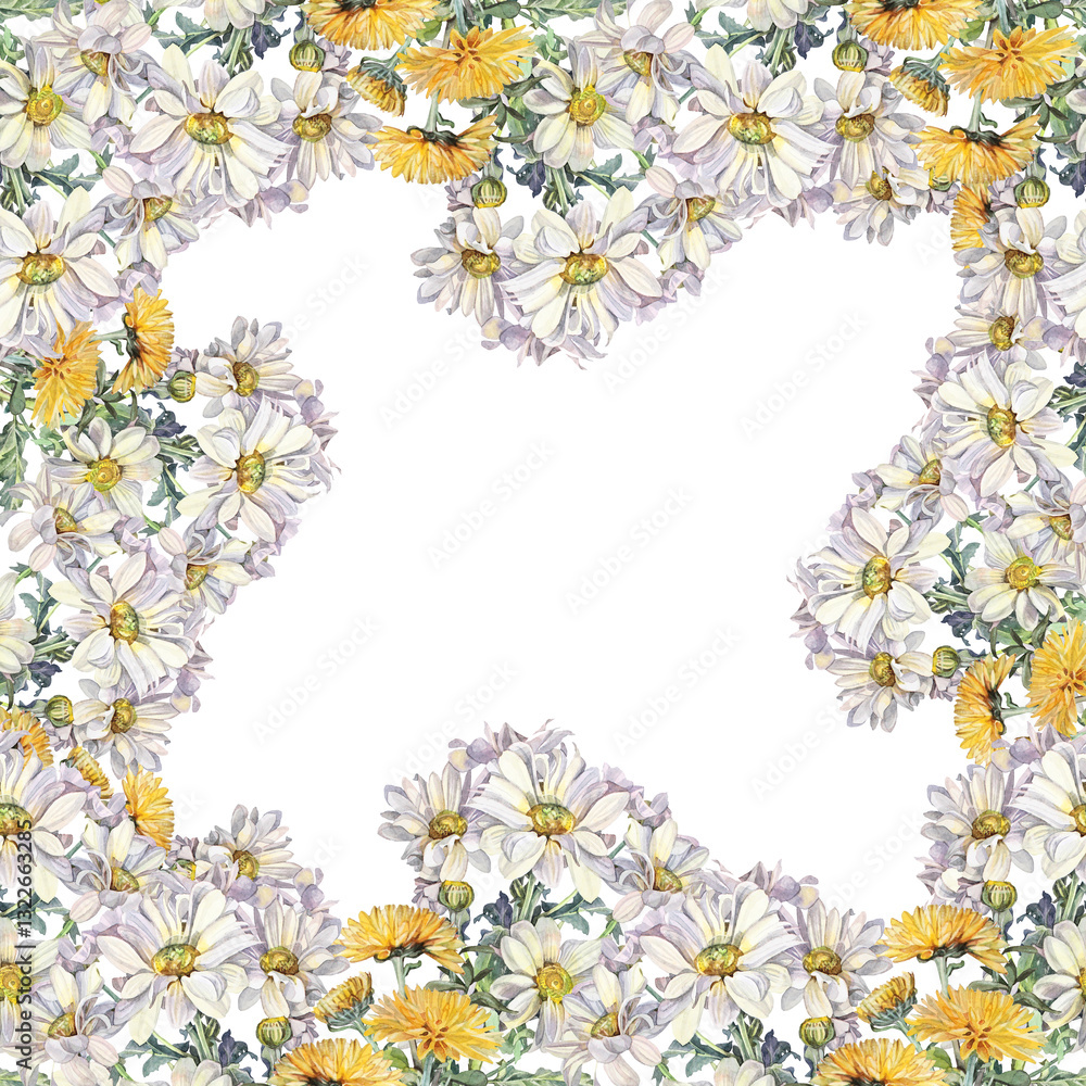 Watercolor square frame with copy space with bouquet dandelion and chamomile with leaves on white background. Hand-drawn summer flower for florist. Art border for celebration wedding or wallpaper Watercolor square frame with copy space with bouquet dandelion and chamomile with leaves on white background. Hand-drawn summer flower for florist. Art border for celebration wedding or wallpaper