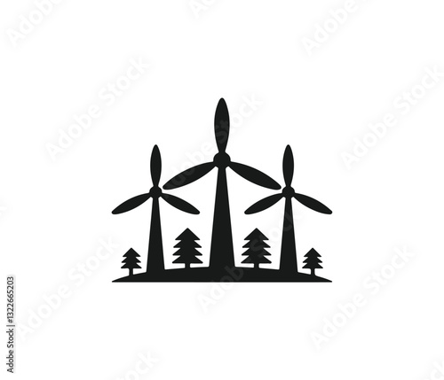 Eco-Friendly Wind Turbines in a Lush Forest Setting. wind turbine icon vector. Windmill silhouette icon. Eolic energy icon. wind power Icon Vector silhouette.