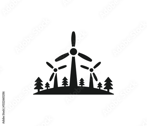 Eco-Friendly Wind Turbines in a Lush Forest Setting. wind turbine icon vector. Windmill silhouette icon. Eolic energy icon. wind power Icon Vector silhouette.