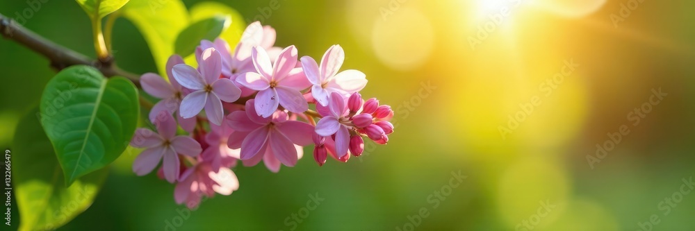 Lilac branch with single hanging flower in warm sunlight, greenery, branch Lilac branch with single hanging flower in warm sunlight, greenery, branch