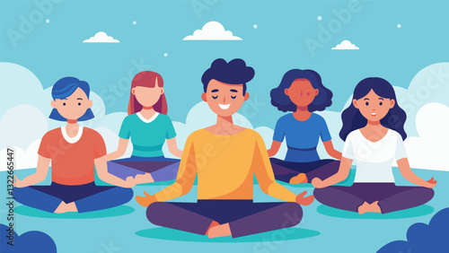The class participates in a mindful breathing exercise focusing on slow and intentional breaths to calm the mind and body.. Vector illustration