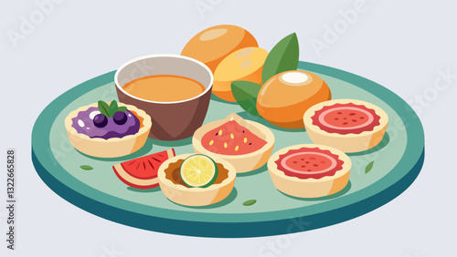 For a touch of elegance this brunch platter features mini quiches fig jam and delicate crackers perfect for a fancy gathering.. Vector illustration