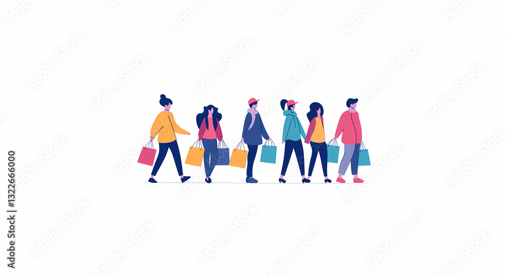 Retail Therapy: A group of animated figures is cheerfully seen carrying shopping bags, depicting the simple pleasure of retail therapy, representing the essence of leisure and consumerism. Retail Therapy: A group of animated figures is cheerfully seen carrying shopping bags, depicting the simple pleasure of retail therapy, representing the essence of leisure and consumerism.