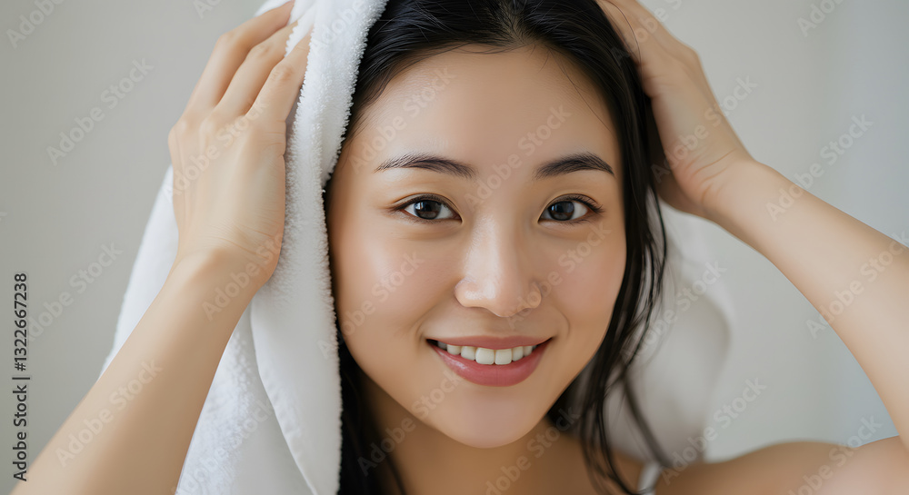 Smiling Woman Drying Hair with a Towel After Shower