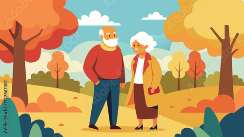 A senior couple enjoying a leisurely stroll in the park admiring the fall foliage and each others company.. Vector illustration