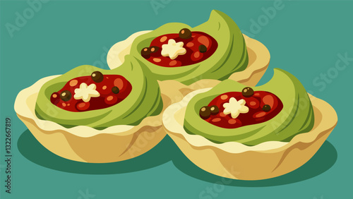 Delicate puff pastry cups filled with a zesty mix of pesto sundried tomatoes and mozzarella cheese.. Vector illustration