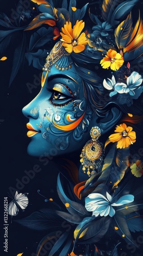 A profile portrait of a blue face decorated with flowers and jewels