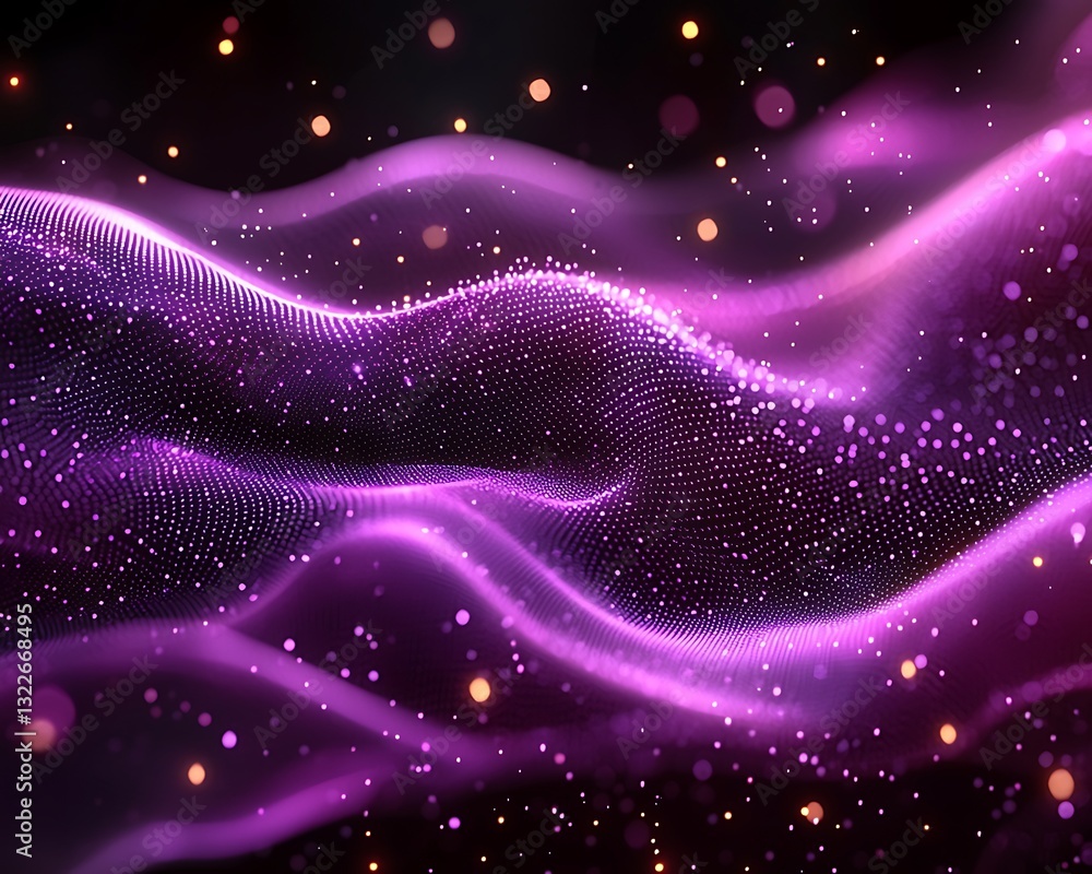 Fototapeta premium Digital flowing waves of purple dots with golden bokeh effects