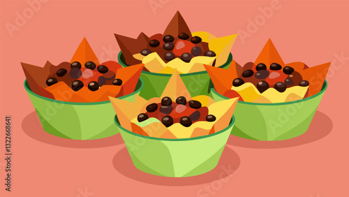 Crispy wonton cups filled with roasted corn and black bean salsa.. Vector illustration