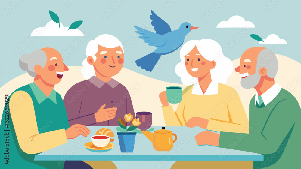 A lively discussion between seniors over lunch as they excitedly compare their birdwatching experiences and favorite sightings.. Vector illustration A lively discussion between seniors over lunch as they excitedly compare their birdwatching experiences and favorite sightings.. Vector illustration