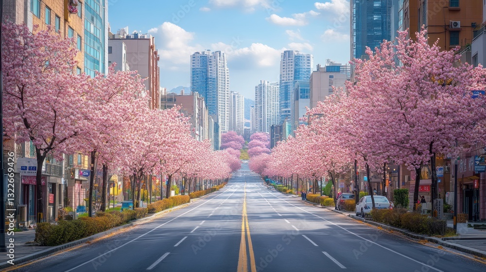 Fototapeta premium Empty city street lined with cherry blossoms in spring