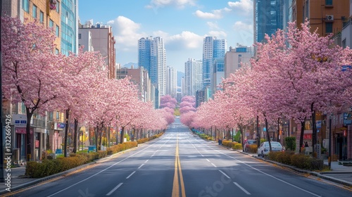 Empty city street lined with cherry blossoms in spring