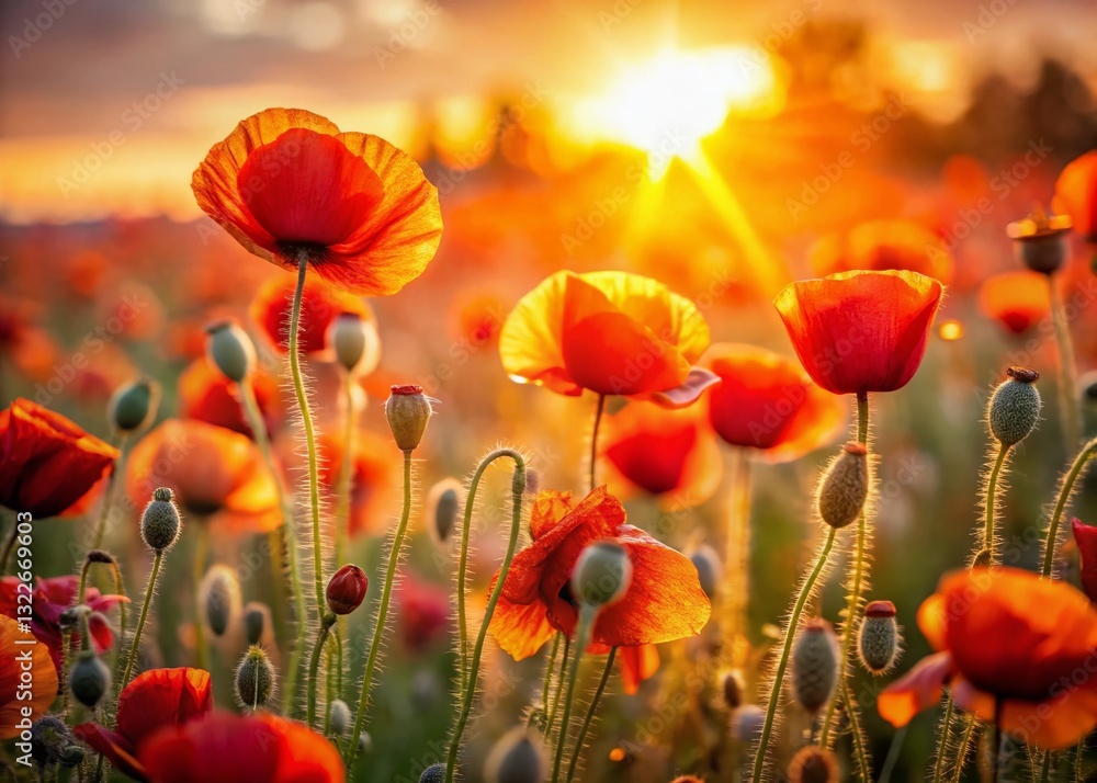 Fototapeta premium Vibrant Poppy Field Sunset - Bokeh Photography