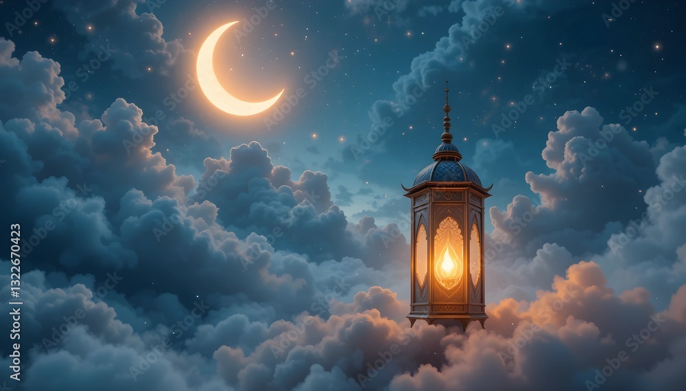 Serene Eid Mosque Above the Clouds with Glowing Lantern and Crescent Moon at Sunrise – A Symbol of Peace, Faith, and Celebration of Eid al-Fitr and Eid al-Adha Serene Eid Mosque Above the Clouds with Glowing Lantern and Crescent Moon at Sunrise – A Symbol of Peace, Faith, and Celebration of Eid al-Fitr and Eid al-Adha