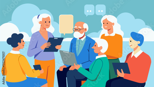 A networking session at a Healthy Aging conference where seniors can meet and exchange tips and advice on living a fulfilling life in their golden years.. Vector illustration