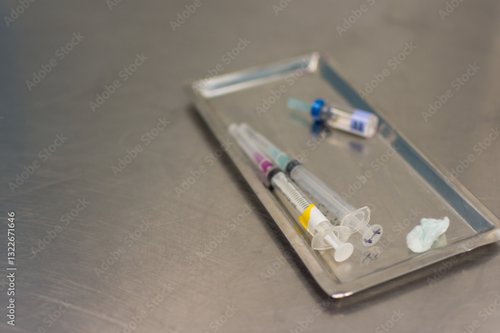 Syringe with needle on a steel tray Syringe with needle on a steel tray