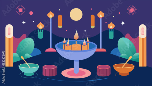 Guests could experience the healing power of sound therapy surrounded by a variety of instruments such as crystal singing bowls and tuning forks.. Vector illustration