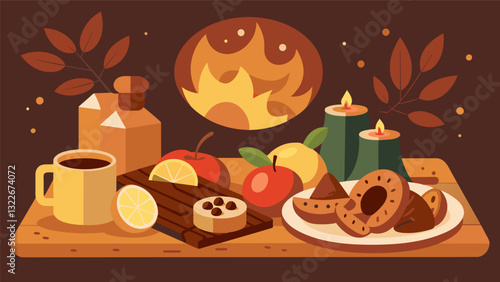 Falls coziness comes to life on the Autumn Fireside Snack Board featuring warm roasted chestnuts rich caramel dip tangy apple slices and savory. Vector illustration