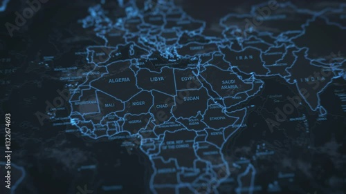 World map animation. Camera zooming in into north african continent