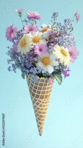 A bouquet of flowers in an ice cream cone. AI.
