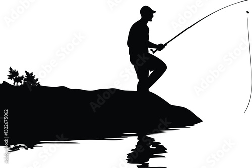 Man fishing from a lake coast silhouettes