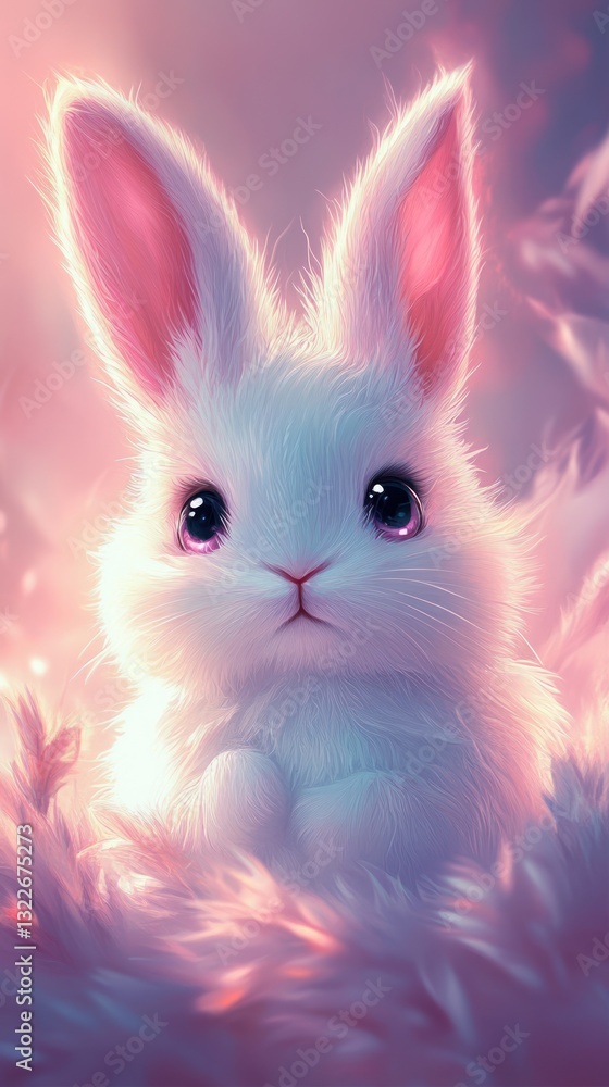 Fototapeta premium An adorable white bunny rabbit sitting among soft pink colors