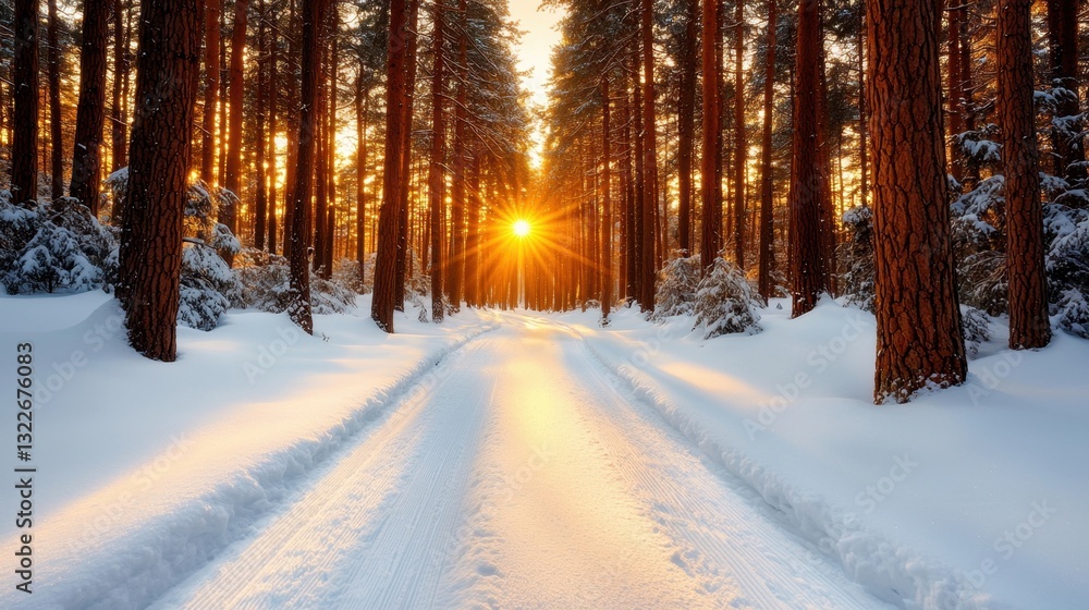 The snow covered pathway winds through the serene winter forest, bathed in the warm glow of the setting sun The snow covered pathway winds through the serene winter forest, bathed in the warm glow of the setting sun
