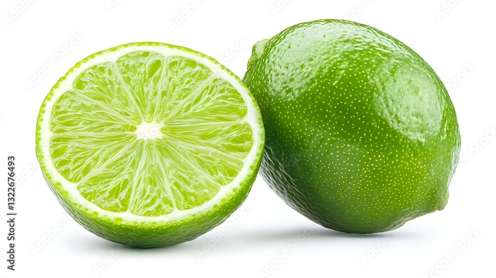 Lime citrus fruit cut in half with vibrant green Lime citrus fruit cut in half with vibrant green