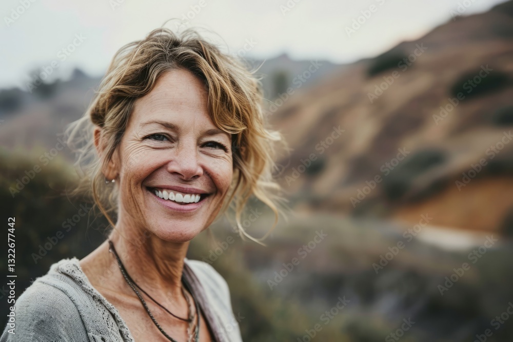 Portrait of senior woman smiling at camera in the mountains. Focus on face. Portrait of senior woman smiling at camera in the mountains. Focus on face.