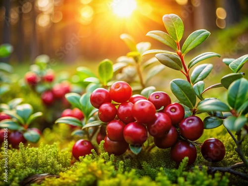 Wild Cranberries (Vaccinium vitis-idaea) Growing in Forest - Stock Photo