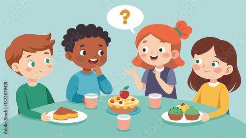Kids gathered around a table covered with snack plates trying to guess which treat their friends chose for their plate.. Vector illustration