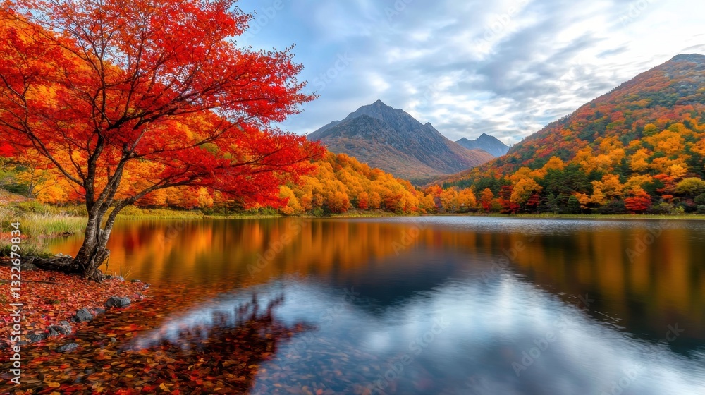 The autumn landscape features a vibrant array of red, orange, and yellow leaves mirrored in the tranquil waters of the lake The autumn landscape features a vibrant array of red, orange, and yellow leaves mirrored in the tranquil waters of the lake