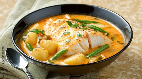 Creamy Fish Chowder with Green Beans and Potatoes in Black Bowl