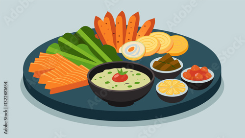 Indulge in guiltfree snacking with this highprotein platter featuring smoked salmon boiled shrimp and black bean hummus served with veggie sticks.. Vector illustration