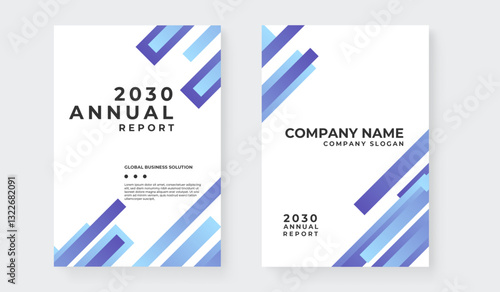 Modern white and blue annual report cover with geometric shapes