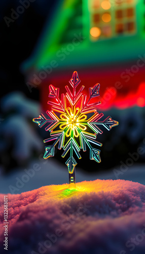 Snowflake shape on the snow, Colored gel lighting. with white shades