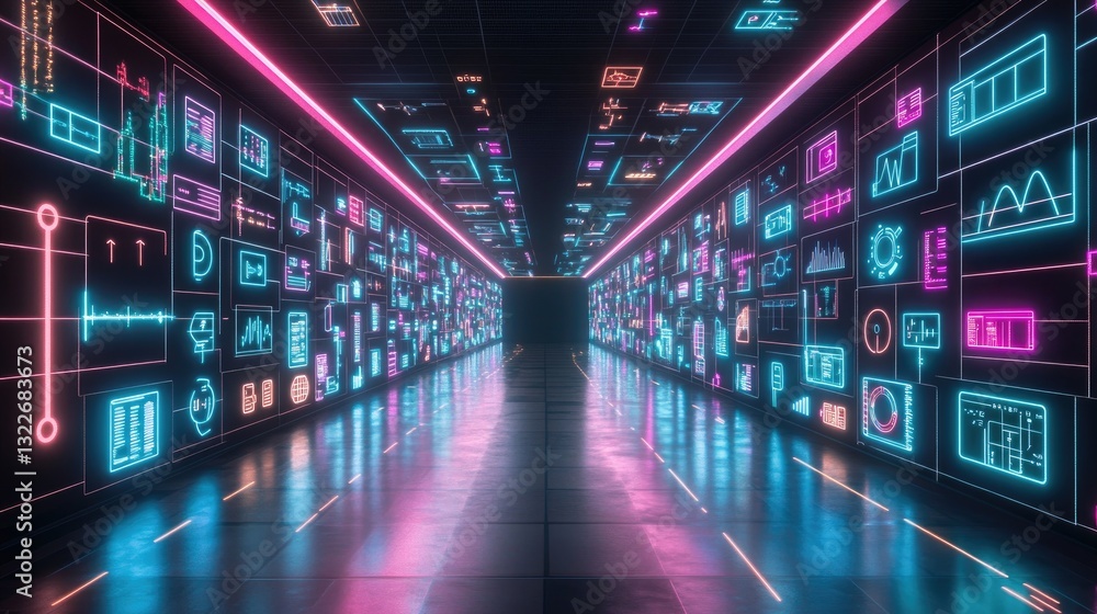A high-tech D virtual classroom featuring floating education icons for subjects like physics, chemistry, and mathematics, set against a neon digital backdrop. A high-tech D virtual classroom featuring floating education icons for subjects like physics, chemistry, and mathematics, set against a neon digital backdrop.