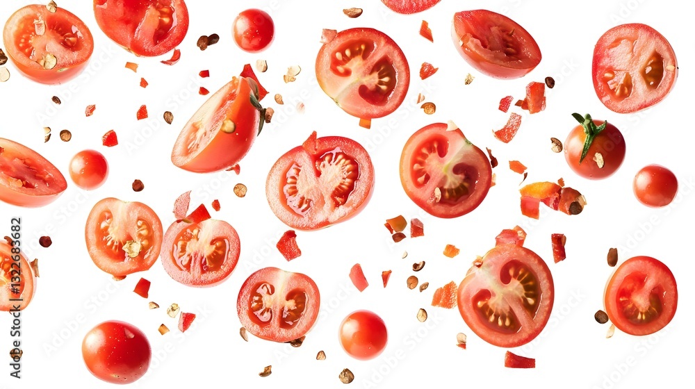 Ripe whole and sliced tomatoes in the air Ripe whole and sliced tomatoes in the air