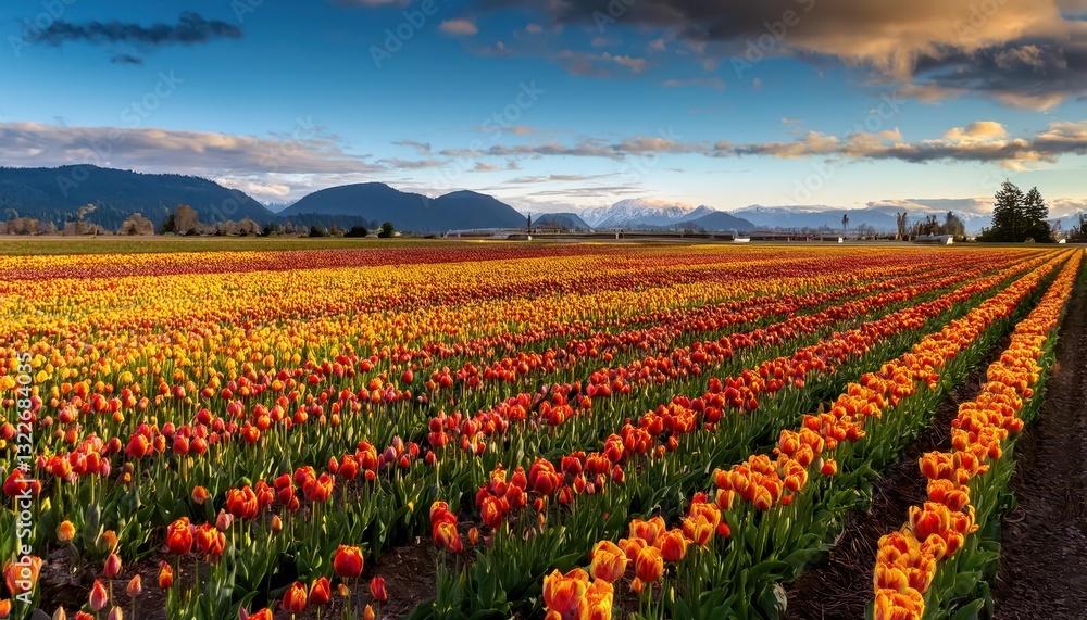 Vivid Tulip Fields Blossoming in Skagit Valleys Springtime Panorama, Showcasing a Kaleidoscope of Reds, Yellows, and Oranges Amidst the Rich Agricultural Landscape. Vivid Tulip Fields Blossoming in Skagit Valleys Springtime Panorama, Showcasing a Kaleidoscope of Reds, Yellows, and Oranges Amidst the Rich Agricultural Landscape.