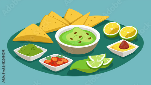 Freshly made pita chips served with a selection of homemade dips such as spinachartichoke or avocado lime.. Vector illustration