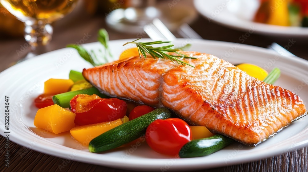 Elegant plate of grilled salmon artfully arranged with a variety of colorful fresh vegetables for a delicious meal Elegant plate of grilled salmon artfully arranged with a variety of colorful fresh vegetables for a delicious meal