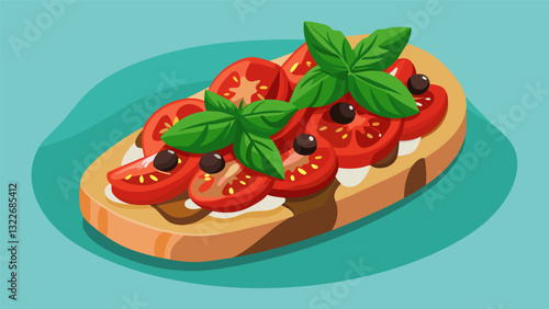Homemade bruschetta with diced tomatoes fresh basil and a drizzle of balsamic glaze.. Vector illustration