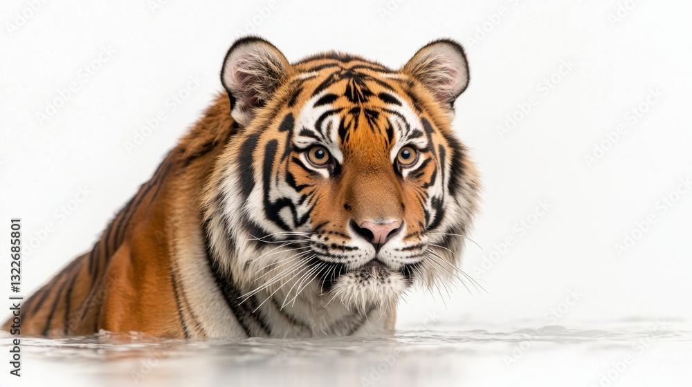A majestic tiger with piercing eyes is depicted standing alert against a clean white studio background, exuding a sense of power and intensity. A majestic tiger with piercing eyes is depicted standing alert against a clean white studio background, exuding a sense of power and intensity.