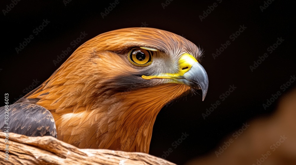 Naklejka premium The face profile of a Black Kite features a hooked bill, sharp yellow eyes, and a distinctive dark stripe running from its eyes down to its beak