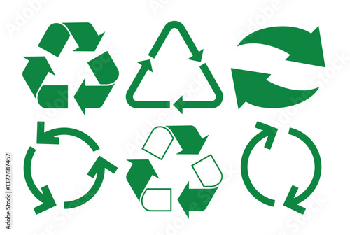 Recycle sign icon clipart set. Recycling arrow clip art in green signboard collection for environment conservation, reusing and preserve symbol vector illustration. 
