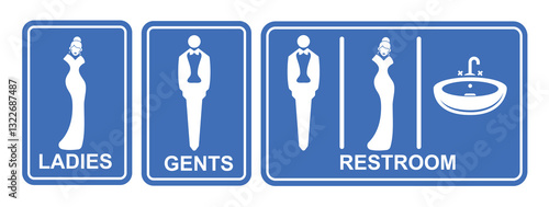 Restroom sign icon clipart set. Ladies and gentlemen toilet signages clip art in blue signboard collection for public and private pictogram vector illustration. 
